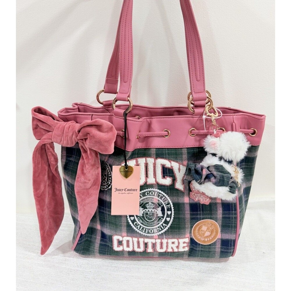 Juicy Couture Juicy Varsity Daydreamer Tote Green Pink Plaid  Charm NWT